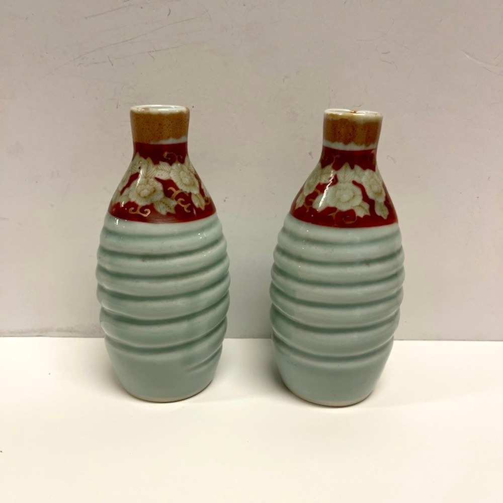 Vintage Japanese Sake Decanter Set 2 Ribbed Celadon Red Floral Gold Tokkuri 5.5"